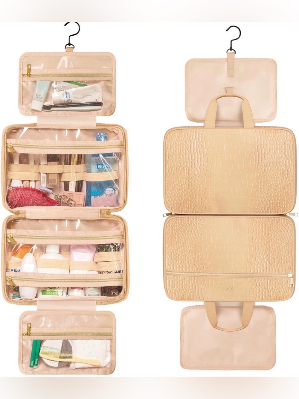 NEW! Beige Faux Leather Hanging Travel Toiletry Organizer Bag- Makeup HAIRCARE